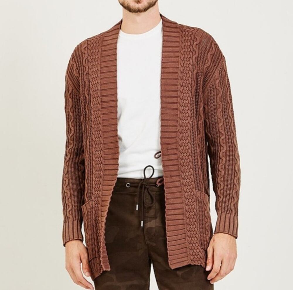 PAIGE Newton Cable Knit Cardigan Sweater Men M Brown Cotton Cashmere Blend